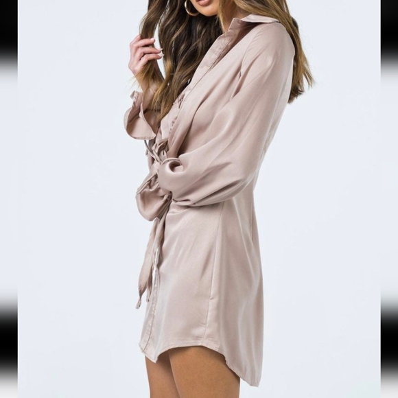 Princess Polly Liberty Beige satin tie-front long sleeve Mini dress - Picture 4 of 6